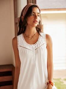 Lullawish Bohemian Comfortable Hollow Contrast Lace Loose Cotton Blend Button Women's Nightgown - White - View 5