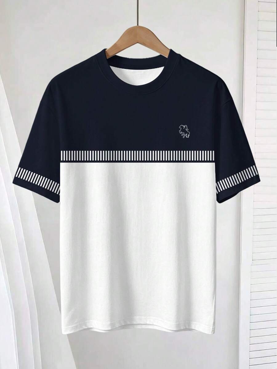 Manfinity Hypemode Men's Retro Sports Style Color Block & Stripe Noble Horse Logo Silhouette Crew Neck Casual T-Shirt - Multicolor - View 1