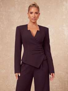 Lumalex Deep Plum Wrap Blazer With Notched Square Neck Asymmetric Front Ruched Waist Back Waist Tie Long Sleeves Tailored Suit Jacket Autumn Work Style - Burgundy - View 1