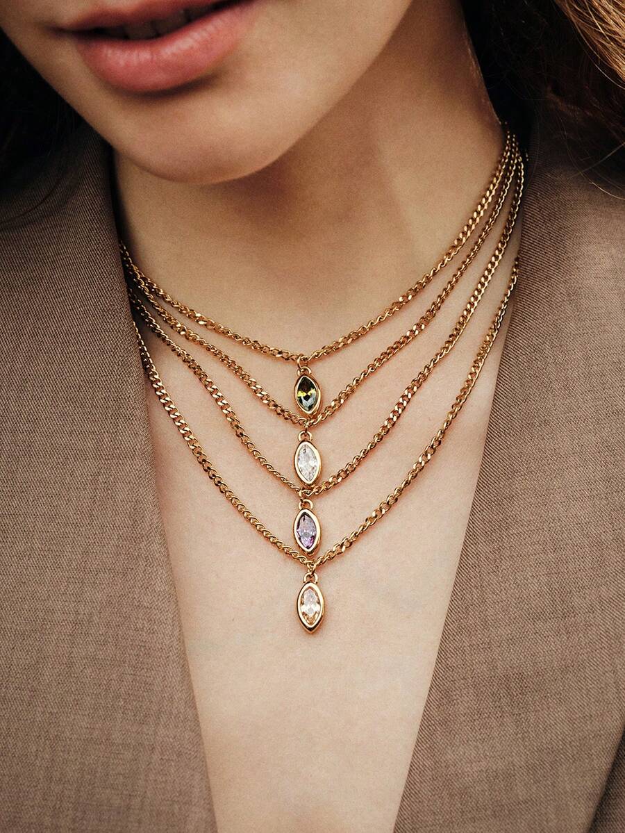 Vandermere 1pc 18K Gold Plated Stainless Steel Cubic Zirconia Pendant Necklace, Suitable For Women Everyday And Wedding Wear Gift - Pendant Necklace - View 1
