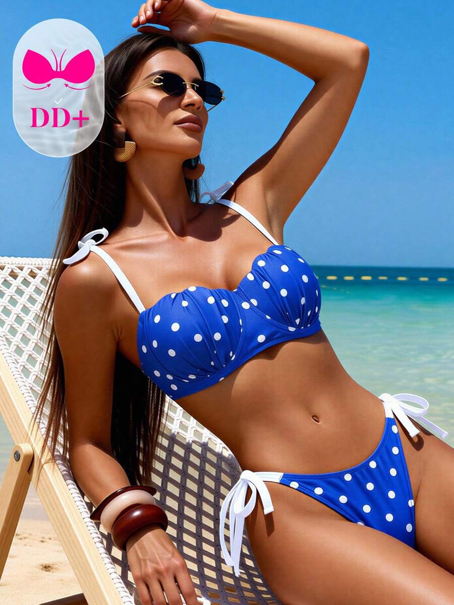 Swim DD+ 女款性感 DD+ 托高鋼圈比基尼套裝,貝殼造型胸部綁帶 + 腰部綁帶,海灘度假風,春夏季 - 藍白色 - 查看 1