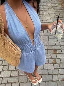 Rivivi Women's Deep V Halter Neck Non-Stretch Backless Sexy Denim Romper - Blue - View 6