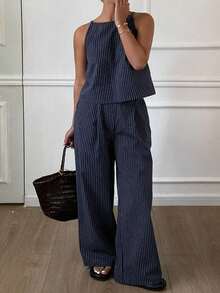 Dazy Tall Curve Summer Fashion Striped Spaghetti Strap Top And Long Pants Casual Two Pieces Set Tall Plus Size Women Spring Summer Outfit - Navy Blue - View 5