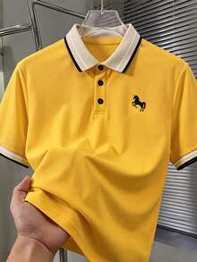 Calvornis 男士羅紋領刺繡短袖休閒 Polo 衫 - 黃色 - 查看 1