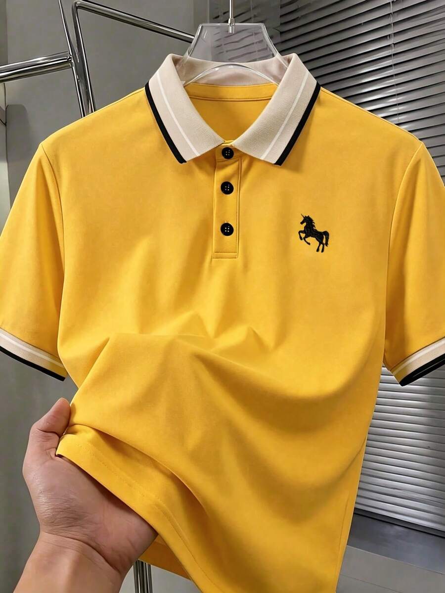 Calvornis 男士羅紋領刺繡短袖休閒 Polo 衫 - 黃色 - 查看 1
