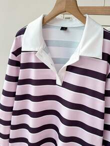 Muvela Women's Collared Long Sleeve Pink And Purple Striped Casual Preppy T-Shirt School Fall - Multicolor - View 7