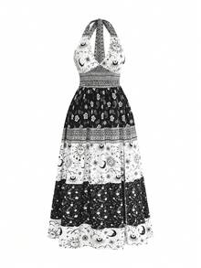 ROMWE Country Punk Witchy Hippie Vacation Style Plus Size Vintage Print High Slit Halter Neck Dress For Women - Black - View 1