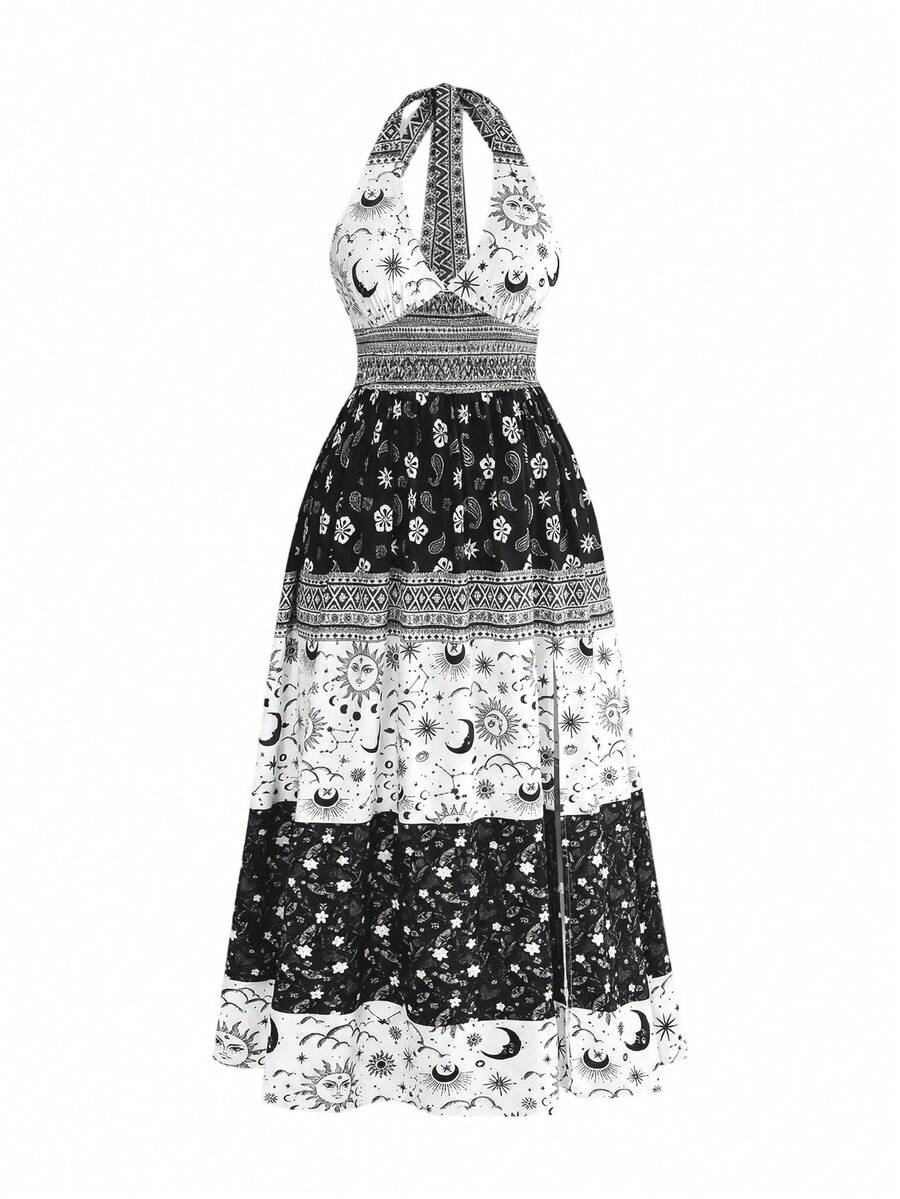 ROMWE Country Punk Witchy Hippie Vacation Style Plus Size Vintage Print High Slit Halter Neck Dress For Women - Black - View 1