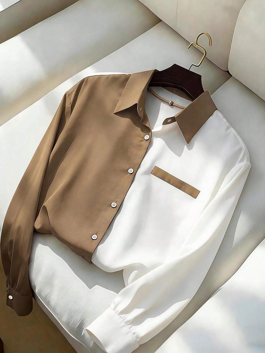 GlowEve Women's Early Autumn Casual Versatile Patchwork Long Sleeve Shirt - White - View 1