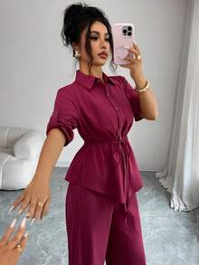 Elenzga Women's Autumn Casual Cotton Solid Color Cinched Waist Top Long Pants 2 Pieces Set Home Commute Vacation Office Brunch Bright Magenta - Burgundy - View 5