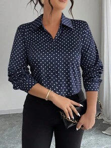 Elenzga 大尺碼女款波點休閒百搭日常穿著襯衫 秋季 - 彩色 - 查看 4