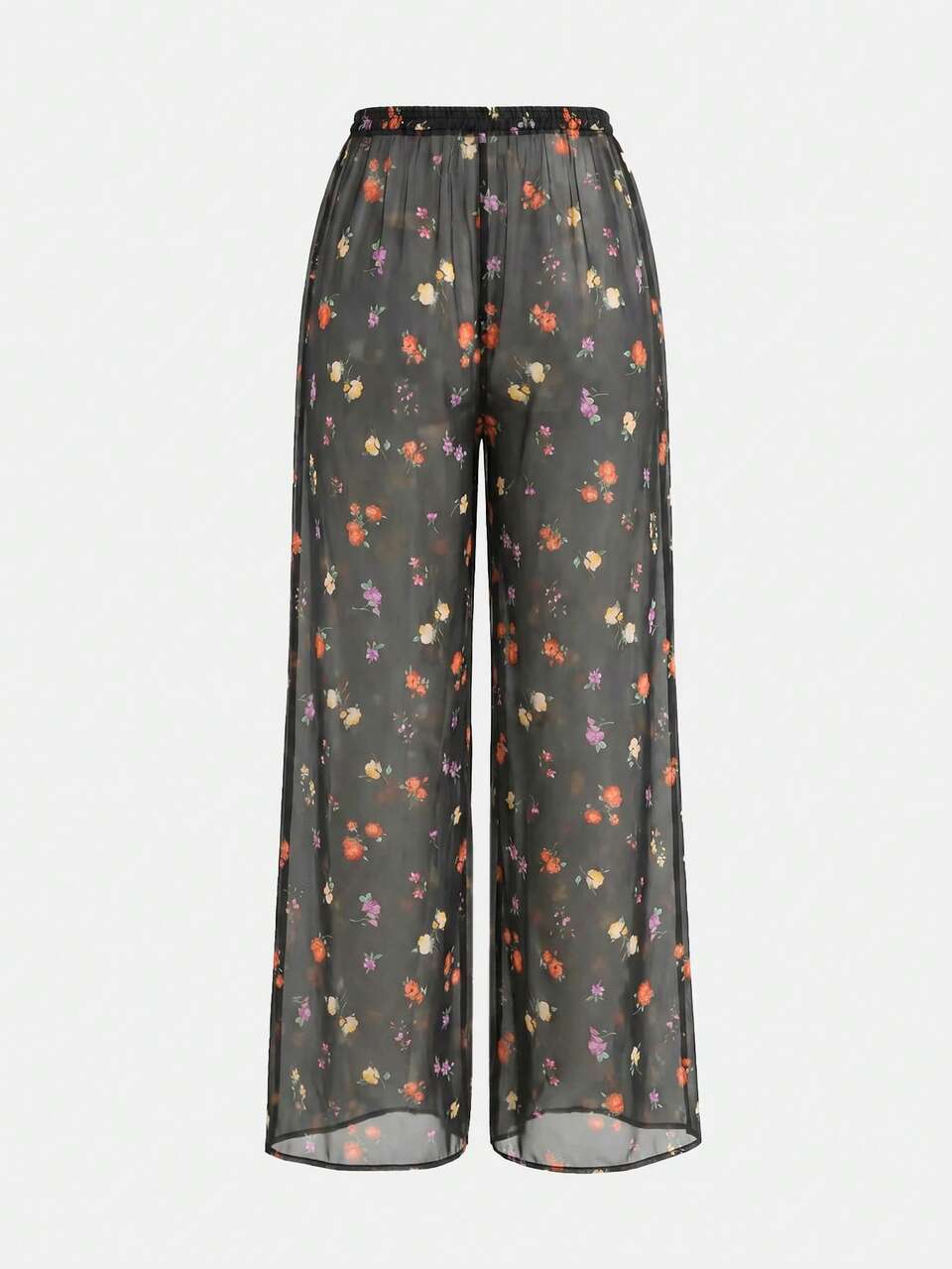 Black Floral Chiffon Wide Leg Sheer Pants, Bohemian Style Beach Vacation Summer Casual Pants