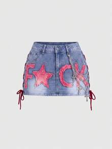 ROMWE J-Fashion 大尺碼 Y2K 復古紅色對比色英文字母女款牛仔裙 - 藍色 - 查看 1