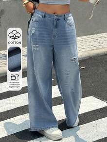 Dazy Plus Vintage Distressed Washed Faded Street Style Loose Straight Leg Blogger Casual Outing Preppy Plus Size Women's All Season Blue Jeans School - Light Wash - View 1