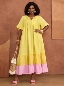 BrightlyHer Plus Size Women's Summer/Autumn Casual Vacation Ruffle Yellow Patchwork Colorblock Dress,Going Out Outfits, Beach,Flowy Dress, Fall Clothes,Boho - Multicolor - View 3