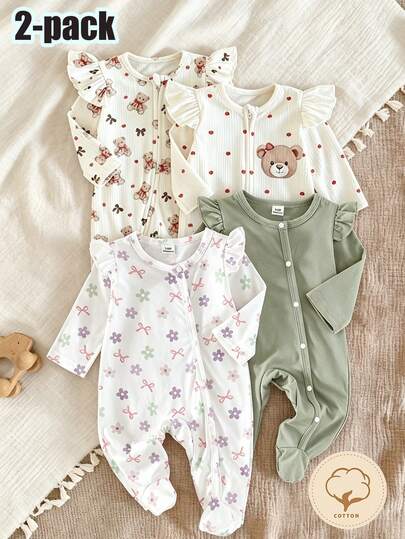 SHEIN 2 יחידות פיג'מת כדורגל לתינוק עם שרוולים ארוכים, הדפס פרחוני וקשירה חמוד, בגדי בית רב-תכליתיים לכל עונות השנה