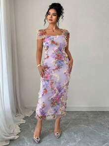 Elenzga Vestido Midi Mulheres Plus Size Elegante e Romântico com Estampa Floral Aleatória e Cintura Franzida, Adequado para Casamento, Festa, Encontro e Outras Ocasiões na Primavera/Verão - Roxo - Visão 6