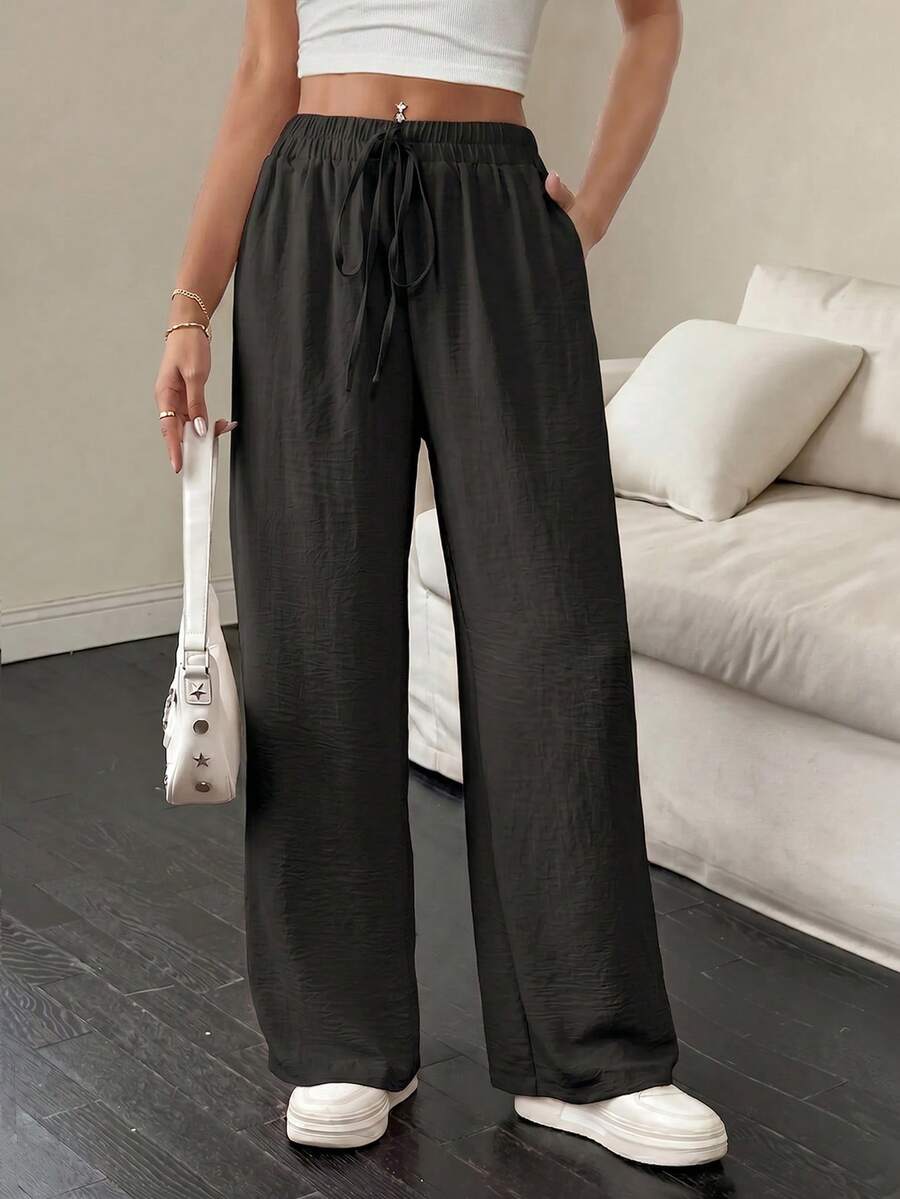 SHEIN PETITE 女款純色極簡休閒抽繩腰鬆身長褲 度假度假風 黑色 秋季 - 黑色 - 查看 1