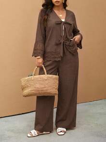 Elaquor Plus Size Boho Casual Elegant Vacation Solid Color Embroidered Patchwork Women's 2 Pieces Set Shirt + Pants Fall Formal Brown Brunch Party Evening - Mocha Brown - View 8