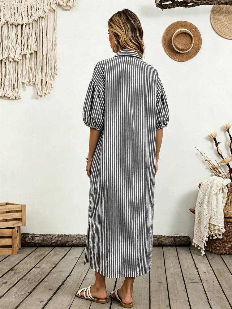Breezaya Vacation Casual Striped Front Button Dress - Grey - View 2