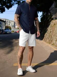Manfinity Homme Men's Solid Color Short Sleeve Stand Collar Button Placket Shirt And Shorts Set, Men's 4th Of July ,Men's Vacation Outfit,Gift - Multicolor - View 5