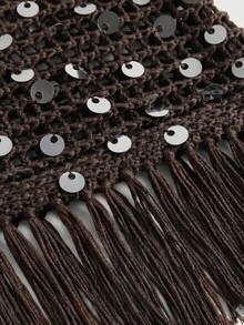 ROMWE Avant Spring Summer Shiny Sequin Asymmetric Hem Tassel Women's Sweater Skirt Side Tie Sexy Boho Crochet Beach Vacation Dark Grey - Brown - View 4