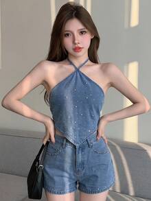 DAZY 夏季水鑽休閒度假海灘性感細肩帶上衣與牛仔短褲兩件套女裝淺藍色 - 藍色 - 查看 7