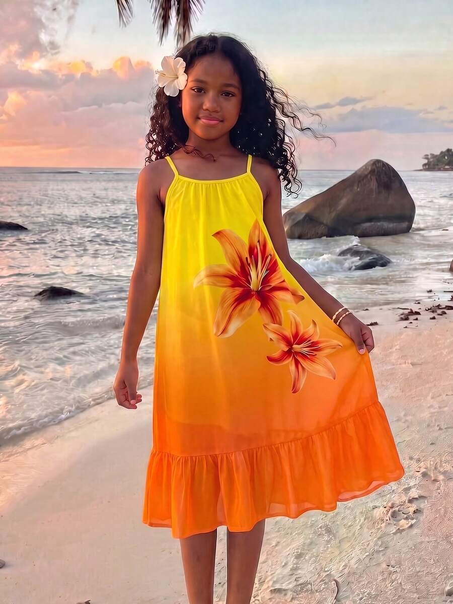 SHEIN Sparklyn Girls' Rainbow Multicolor Striped Print Cami Dress With Ruffle Hem, Casual Vacation Style - Multicolor - View 1
