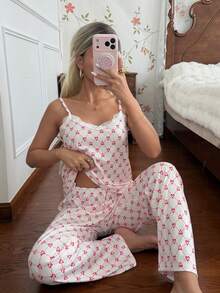 CottageSlumber Women's All-Season Knit Ribbed Heart Print Lace Trim Sweet Sexy Fashion Camisole & Long Pants Set, Can Be Worn Outdoors - Red and White - View 6