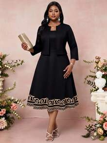 SHEIN Lady 大尺碼女款拼色洋裝與素色開襟衫休閒日常兩件套 - 黑色 - 查看 6