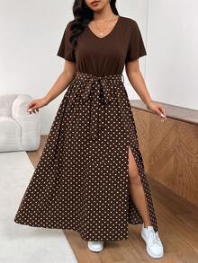Embrisa Plus Size Summer Vacation Romantic Vintage Polka Dot Print V-Neck Short Sleeve Dress, Brown - Multicolor - View 4