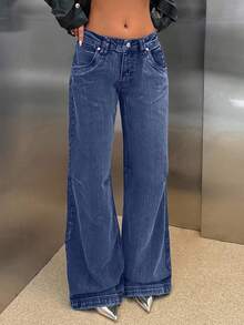 EURMUSE RueChic Low Waist Wide Leg Washed Denim Jeans - Dusty Blue - View 7