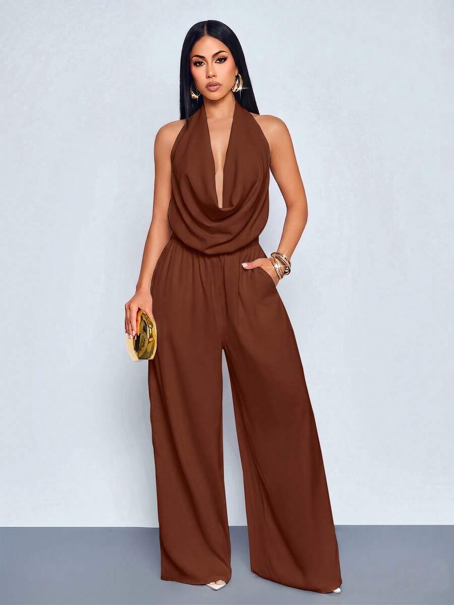 SOLERSUN Women's Elegant Sexy Vacation Brown Halter Cowl Neck Backless Pockets Wide Leg Jumpsuit, Suitable For Office Party Night Out Business Summer - Coffee Brown - View 1