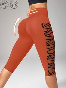 Easithlete Easithlete 7/10 Length Mesh Pocket Patchwork Yoga Sports Leggings - Orange - View 2