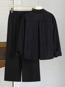 Tween Girls Solid Color Loose Fit Long Sleeve Shirt With Chest Print And Pants Set - Black - View 2