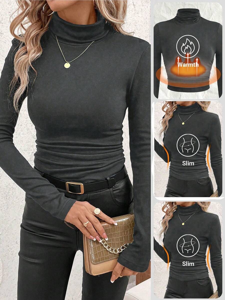 SHEIN Clasi 女款立領抓皺腰部保暖發熱T恤 - 灰色 - 查看 1
