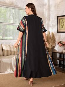 Lacomfia Vestido casual de mujer para primavera/verano con rayas de colores contrastantes, manga corta, talla grande - Negro - Ver 2