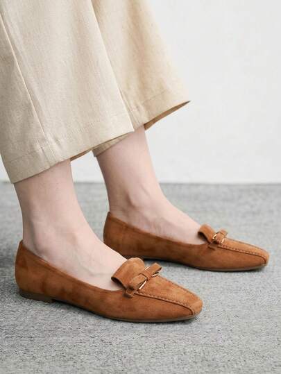 CUCCOO BIZCHIC Women's Shoes, Metal Buckle Bow Design, Square Toe Flat Shoes, Retro Commuter Style, Suede Texture, Workplace Office Daily Leisure Shoes