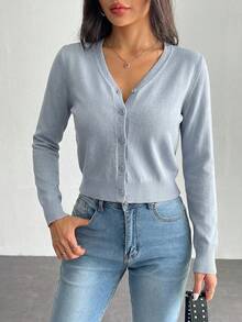 SHEIN PETITE 女款純色長袖單排扣休閒薄針織開襟衫 白色短版 秋冬款 - 灰色 - 查看 7