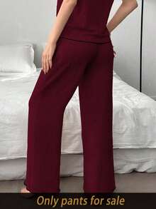 SHEIN 撞色提花针织女式休闲裤，秋冬季，舒适保暖 - 酒紅色 - 查看 2