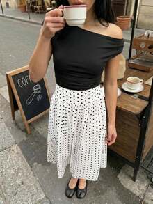 Siren Gaze 女款法式優雅波點印花長裙，白色，適合秋季派對、新年、秋冬休閒度假穿著，黑色中長裙 - 米色 - 查看 8