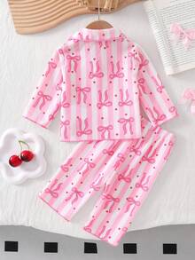 Baby Girl Long Sleeve Cardigan And Long Pants 2 Pieces Set, Woven Fabric With Cute Cherry Print, Loungewear - Pink - View 2