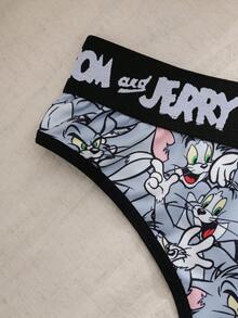 TOM & JERRY X SHEIN 女款字母卡通印花性感日常丁字褲 - 黑色 - 查看 6
