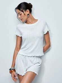 Softvol 2pcs Women European & American Style Jacquard Ruffle Trim Short Sleeve & Shorts Pajama Set, Casual Round Neck Loungewear For Summer - White - View 5
