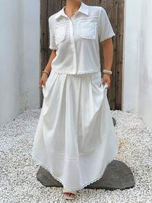 Dazy Plus Spring/Summer Women's Elegant Lace Patchwork Pocket Shirt And Skirt Set, White Vacation Style Casual Plus Size 2-Piece Outfit - White - View 2