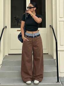 Dazy Plus Fashion Casual Contrast Color Patchwork Waistband 3-Button Decor Loose Straight Leg Long Plus Size Women's Jeans All Season - Brown - View 2