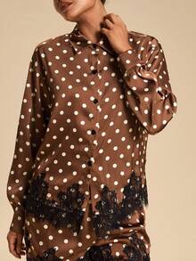 Travachic Women's Polka Dot Long Sleeve Loose Casual Top & Shorts 2pcs Set - Brown - View 5