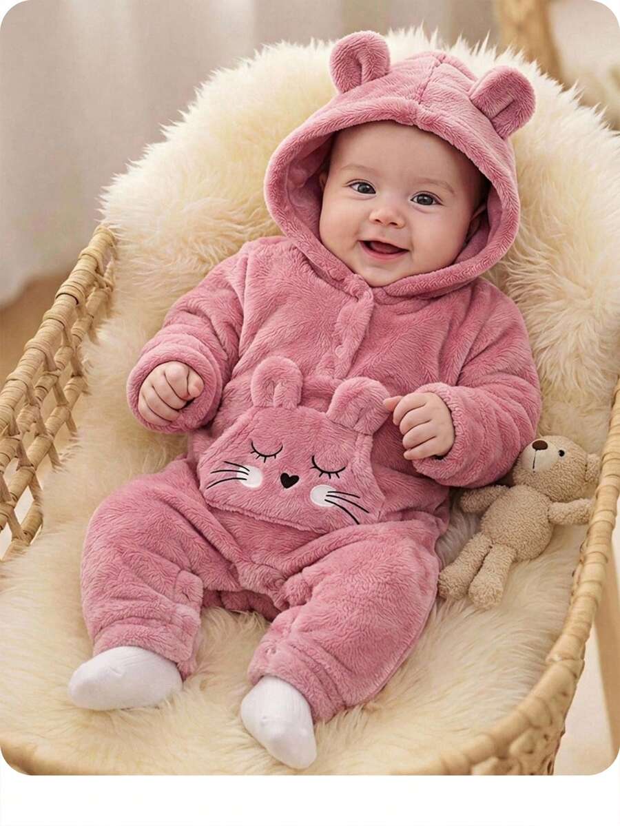 Newborn Baby Girl Cute Autumn/Winter Cartoon Pattern Pink Hooded Romper - Pink - View 1