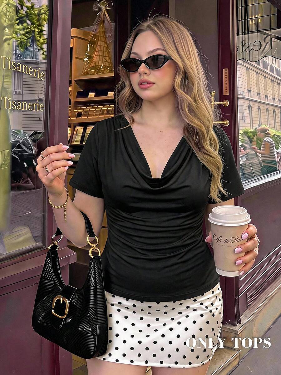 SHEIN MOD Plus Size Women's Knitted Waist-Cinching T-Shirt, Reversible, Elegant Commute, Cowl-Neck Top, Summer, Casual Blouses, Black Date Night - Black - View 1