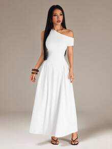 SHEIN PETITE Women's Summer Elegant Solid Color Asymmetric Collar Long Dress Party Vacation Holiday White Wedding - White - View 3